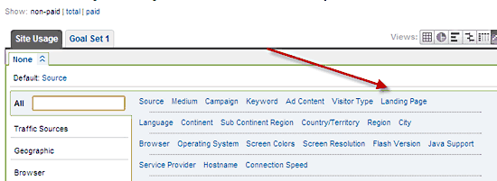 Google Analytics Landing Page Selection