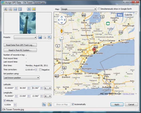 Using Zoner Photo Studio EXIF Editor to add geocodes to an image.