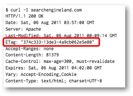 HTTP response headers from searchengineland.com with the ETag header highlighted