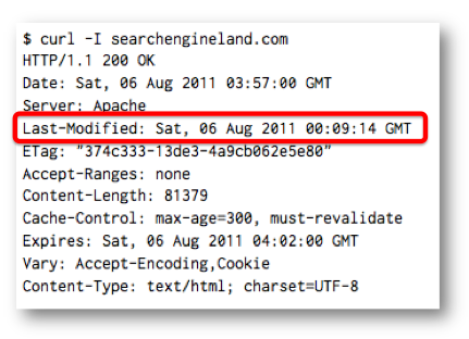 HTTP response headers for searchengineland.com showing the Last-Modified header date.