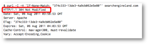 HTTP response headers from searchengineland.com showing a 304 response to an If-None-Match request
