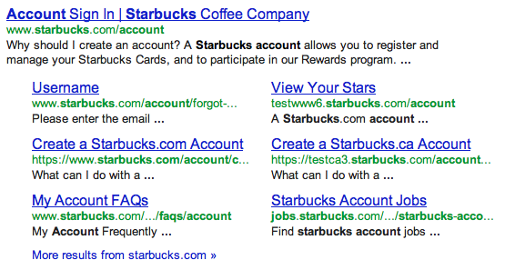 Starbucks Account Sitelinks