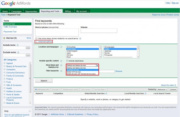 AdWords Keyword Tool Mobile Devices