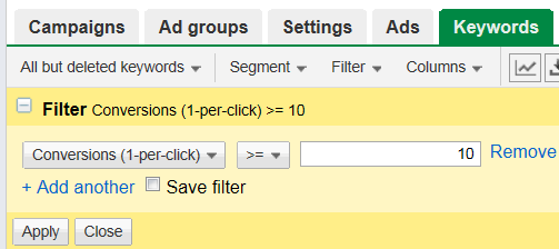 AdWords Reports Allows Filters to Segment Data