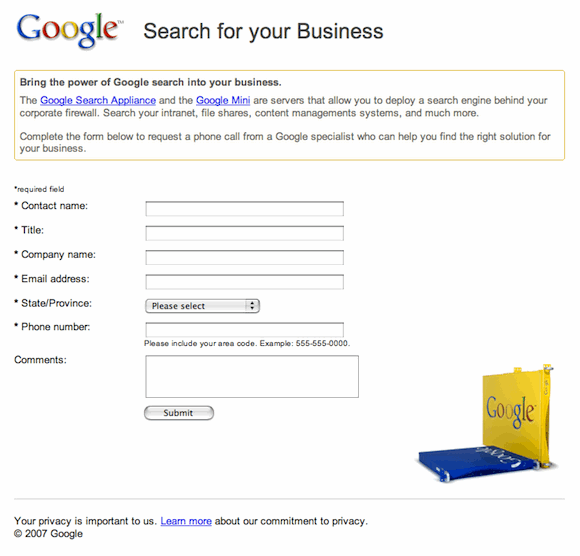 A Google landing page in 2007