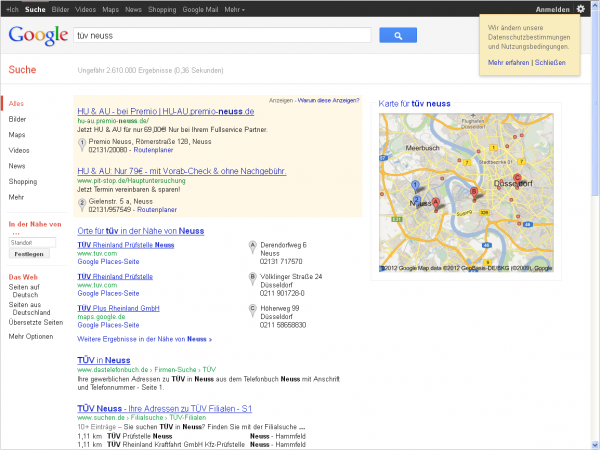 Search for "tüv neuss" in Google.de