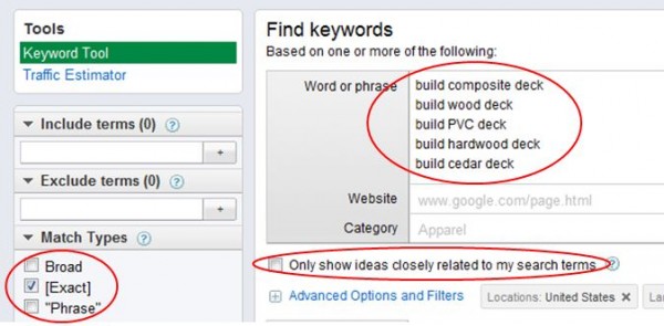 Google Keyword Tool Settings