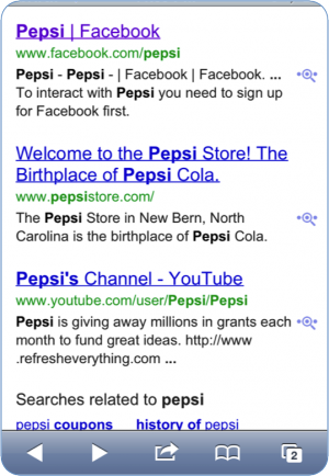 Pepsi's Facebook Profile on Page 1 of Google for "Pepsi"