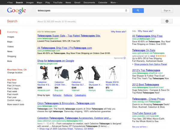 Google Paid Shopping View "telescopes"