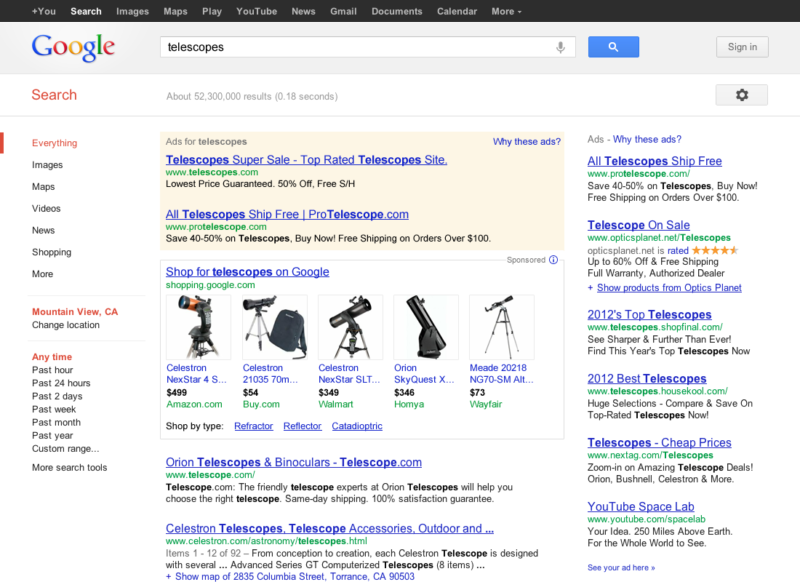 Google Paid Shopping View "telescopes"