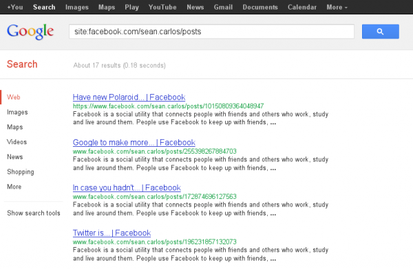Facebook user posts in Google search results