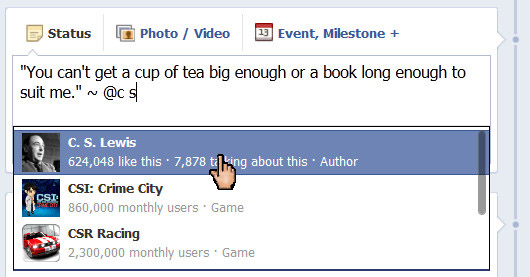 Selecting a tag for a Facebook status update