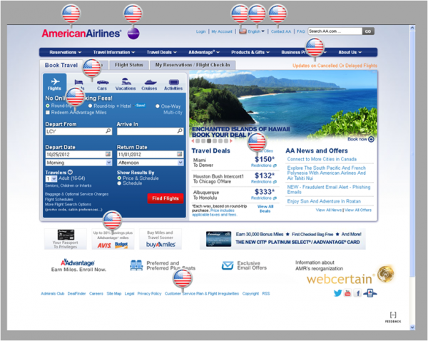 American Airlines US Homepage With Trust Anchors Identified