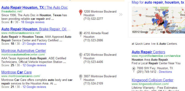 Auto Repair Shops - Ratings in Google Place Search Results