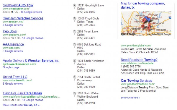 Towing Companies and Ratings in Google Local Search Results