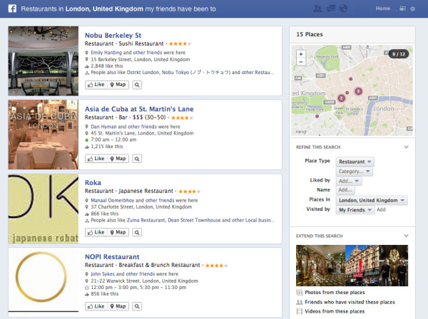 Local Restaurant Facebook Graph Search results