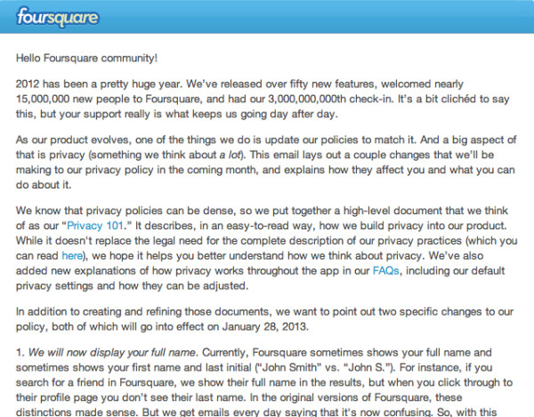 Foursquare Privacy Policy Changes