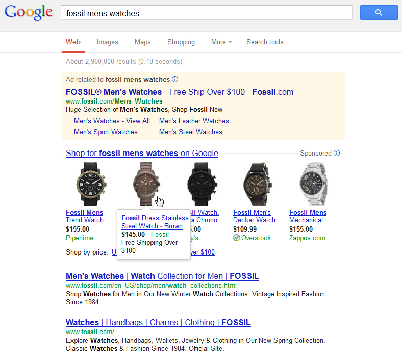 PLAs Fossil Mens Watches SERP Example