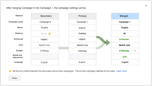 Enhanced Campaigns Upgrade Center merged campaigns