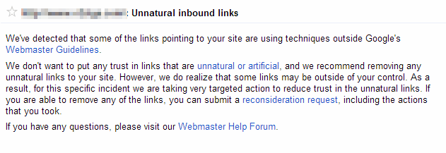 An Unnatural Link Warning from Google Webmaster Tools