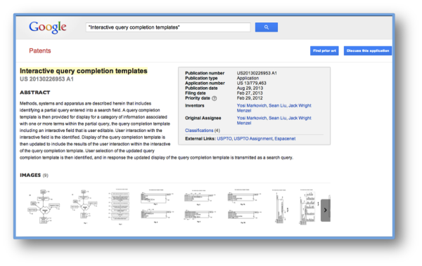 Google Patent: US 20130226953 A1: Interactive Query Completion Templates