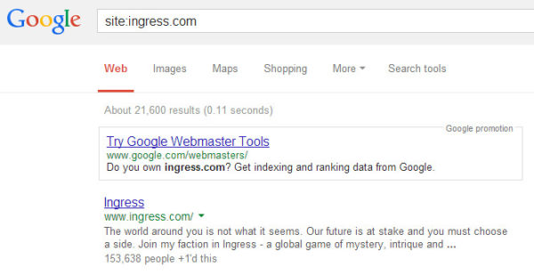 Ingress Pages Indexed in Google Search Results