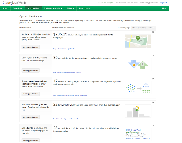 AdWords new Opportunities Tab