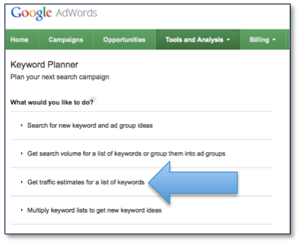 Google Keyword Planner Navigation