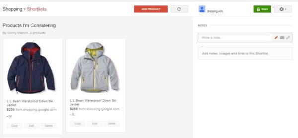 google shopping shortlist page
