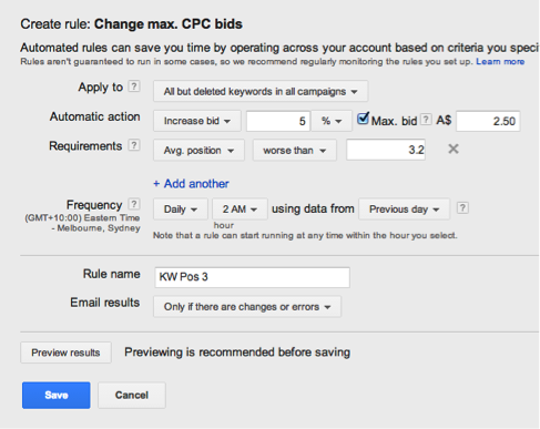 A set of rules for changing max cpc