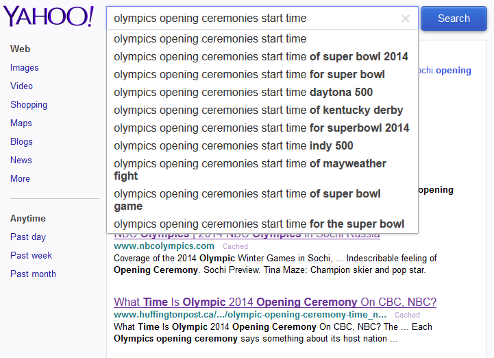 Yahoo Olympics Auto Suggest For Olympics  opening ceremonies