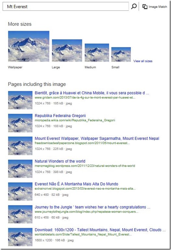 Bing Image search different image sizes