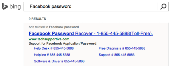 Facebook Support tech scam ad Bing