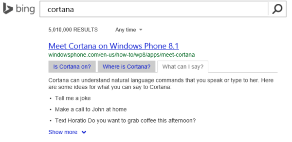 Bing Cortana search