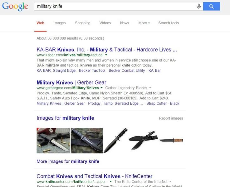 Google AdWords new policy center update military knife