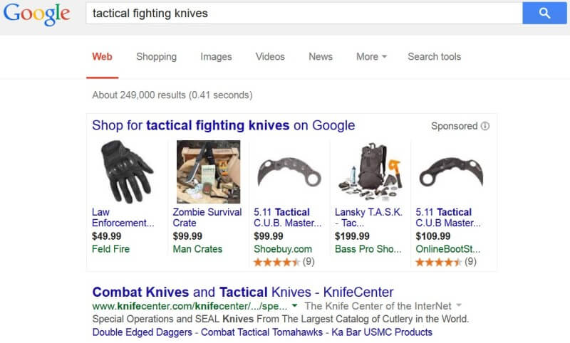 Google AdWords Policy tactical fighting knives still allowed