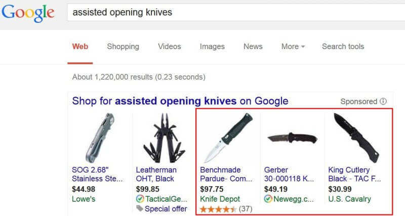 Google AdWords weapons ad policy - Assisted opening knives