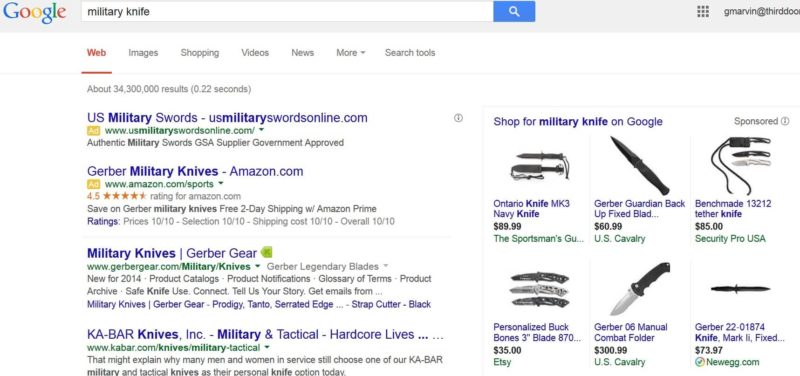 Google adwords policy military knife ads