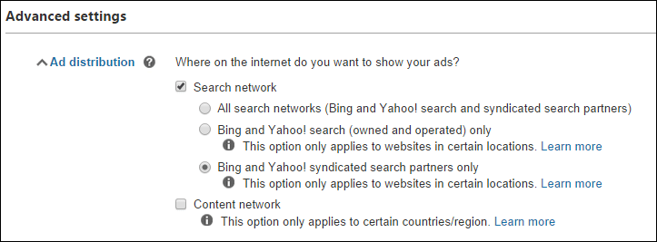 Bing advanced settings