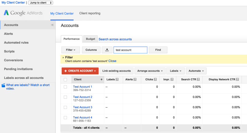 Create a test MCC account and fill it with test accounts.