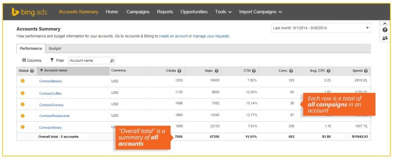 Bing Ads Accounts Summary