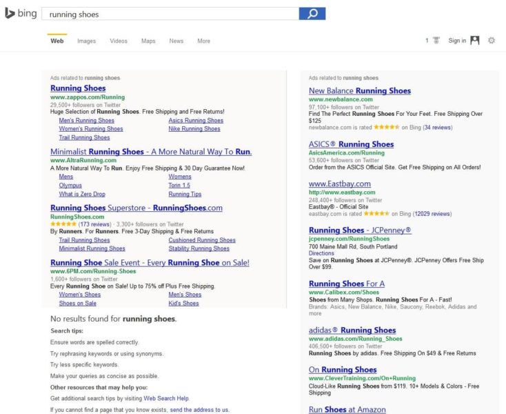 bing serp running shoes no organic results