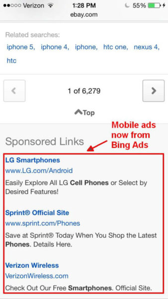 Ebay uses Bing Ads on mobile