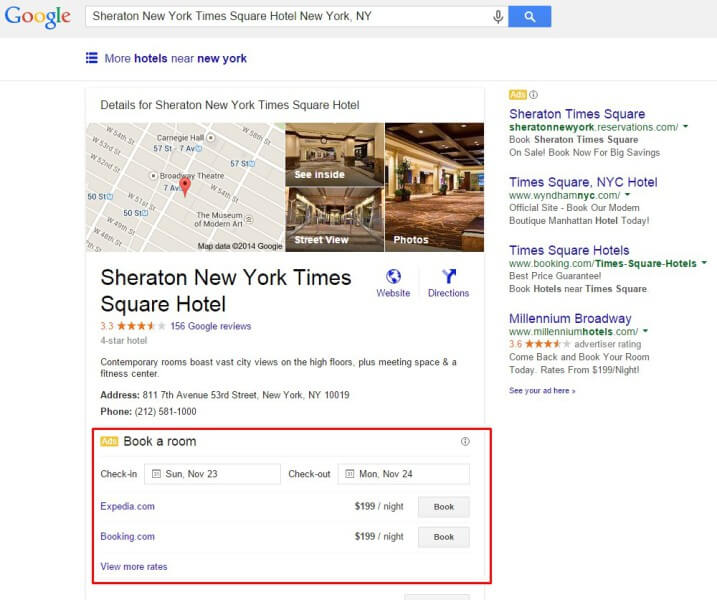 Google hotel booking ads on knowledge panels