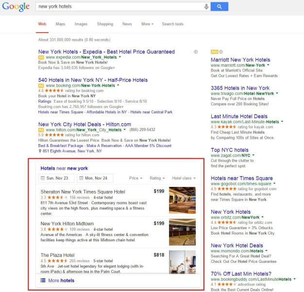 Google local 3-pack organic listings for hotels replaces knowledge graph carousel