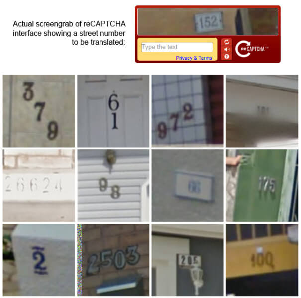 Google reCAPTCHA system showing street numbers to be translated, along with examples of other street address numbers translated by Google's number recognition system.