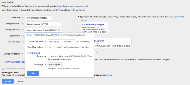 ad customizer widget in adwords for countdowns
