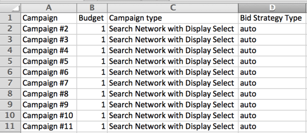 An example of a bulk upload sheet to create campaigns