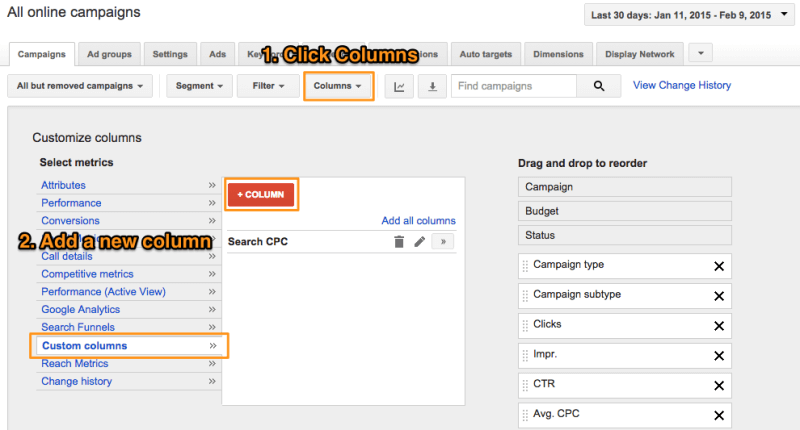 Add a Custom Column in AdWords