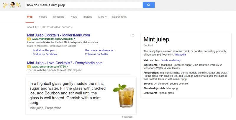 Google cocktail recipe search